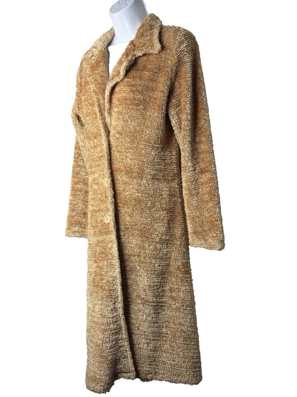 Vintage 90s Pretty Good Chenille Sweater Coat Size M Golden Brown Shag Longline - Picture 7 of 8
